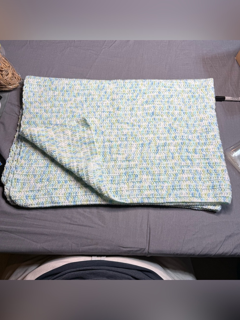 Handmade Light Blue, Pale Green & White Crochet Throw 45x32in